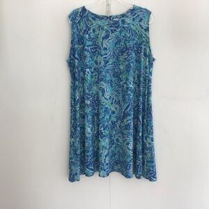 Susan Graver Liquid Knit plus turquoise blue paisley sleeveless dress/pockets 3X